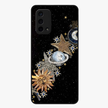 Pearls Universe Object Glass Case showing flat back view with pearl inspired cosmic artwork and glossy glass finish.
