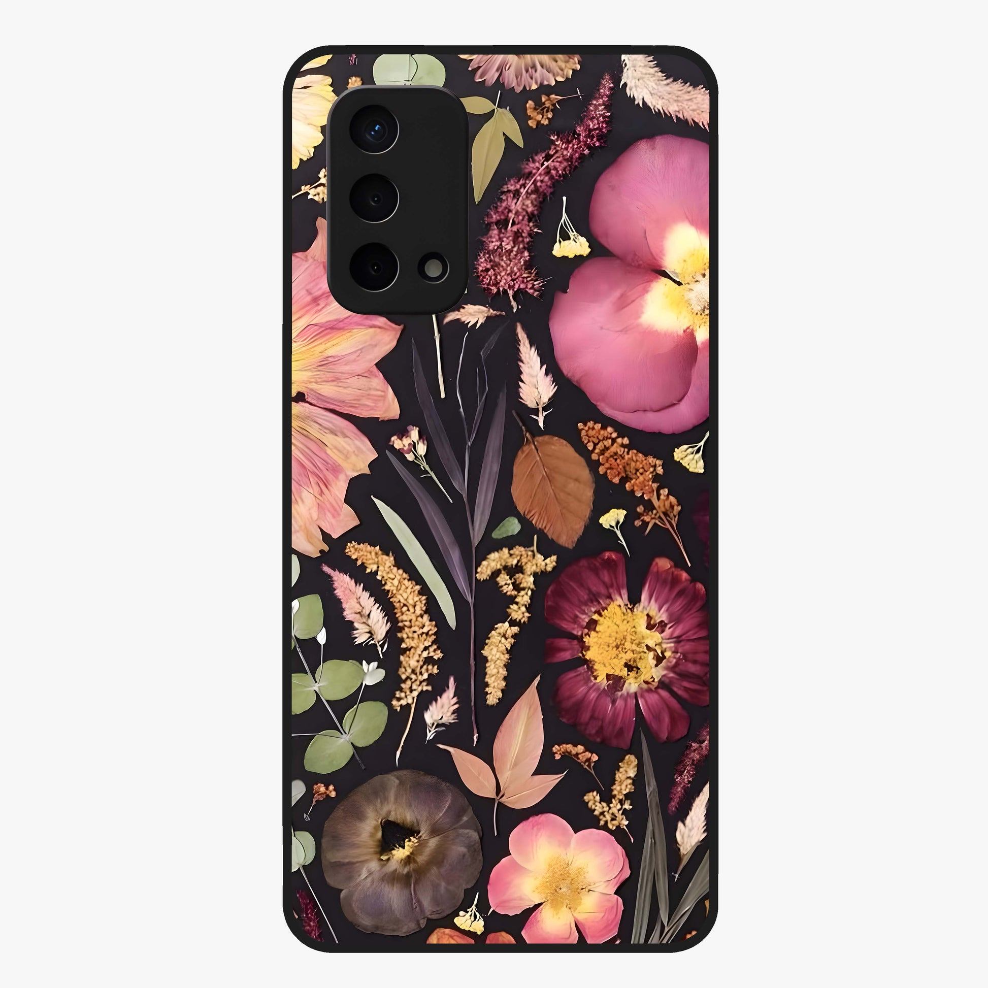 Petal Dream Tapestry Glass Case showing flat back view with intricate floral tapestry artwork and glossy glass finish.
