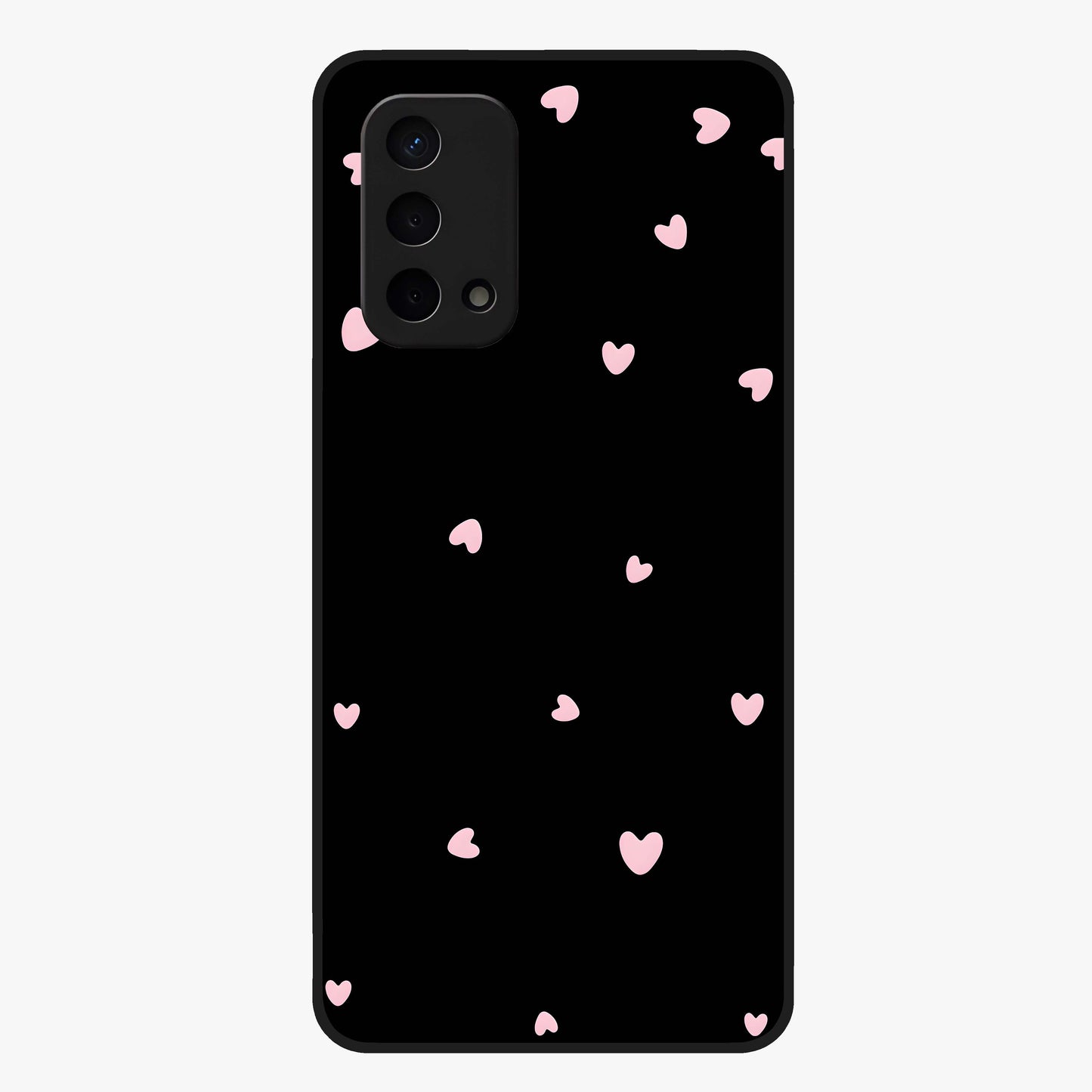 Pink Love Drops Glass Case showing flat back view with playful pink heart drops artwork and glossy glass finish.
