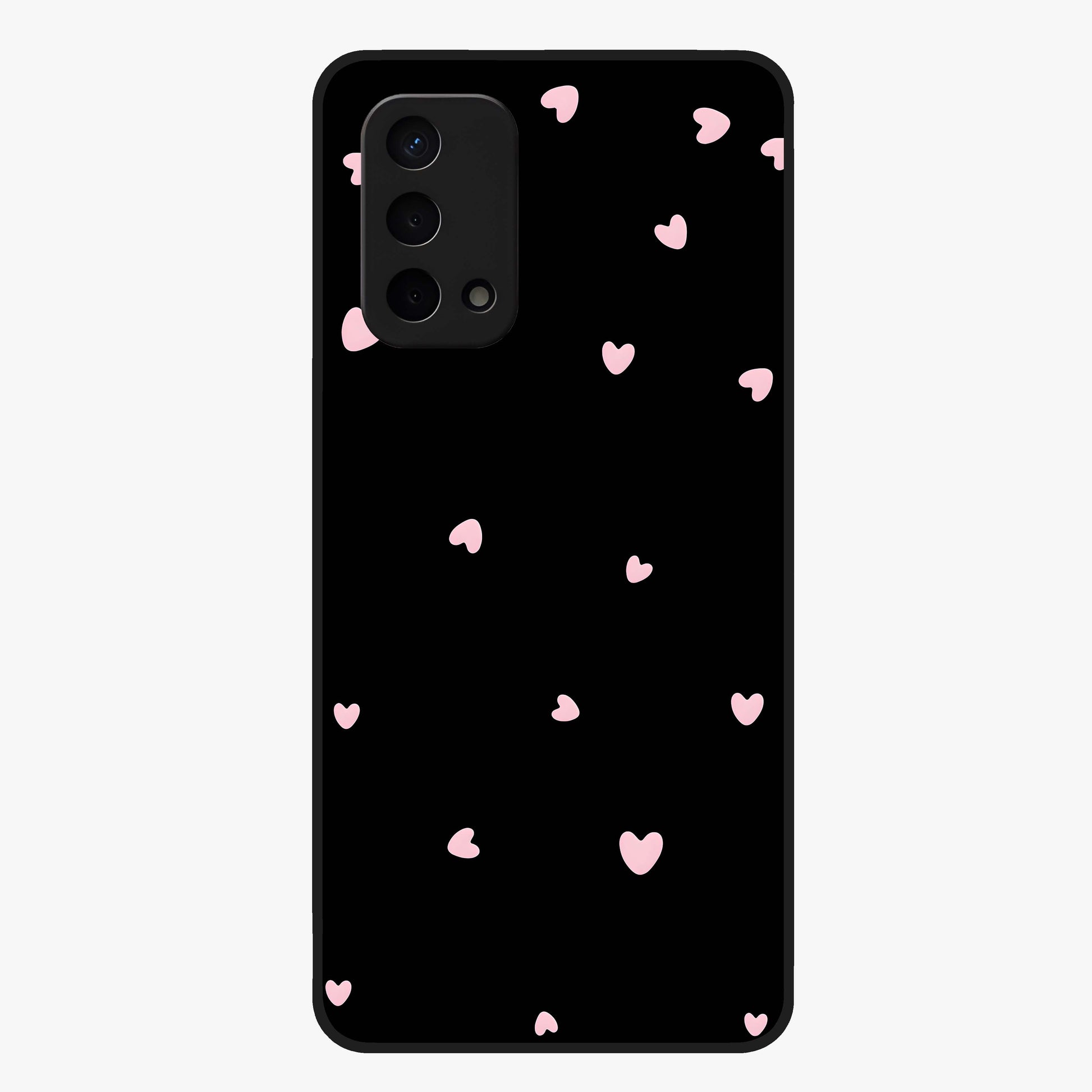Pink Love Drops Glass Case showing flat back view with playful pink heart drops artwork and glossy glass finish.