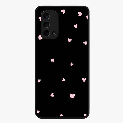 Pink Love Drops Glass Case showing flat back view with playful pink heart drops artwork and glossy glass finish.