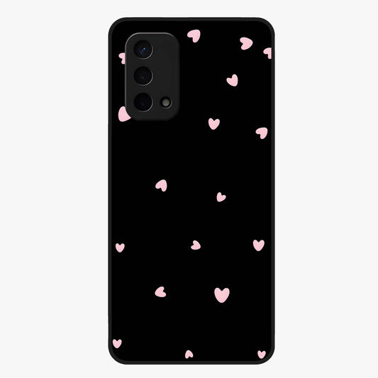 Pink Love Drops Glass Case showing flat back view with playful pink heart drops artwork and glossy glass finish.