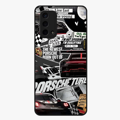 Porsche Racing Collage Glass Case showing flat back view with sports car racing collage artwork and glossy glass finish.