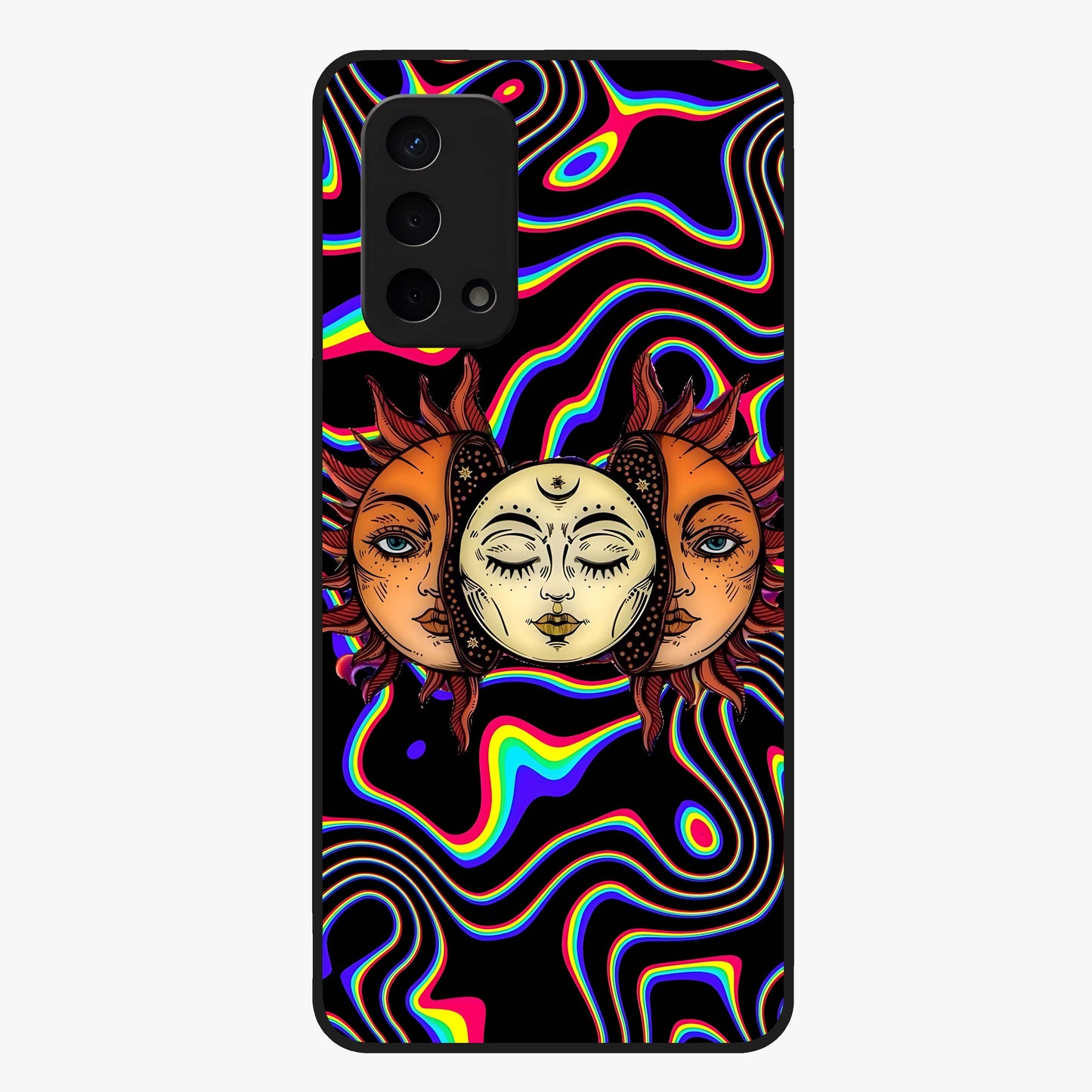 Psychedelic Sun Glass Case showing flat back view with colorful psychedelic sun artwork and glossy glass finish.