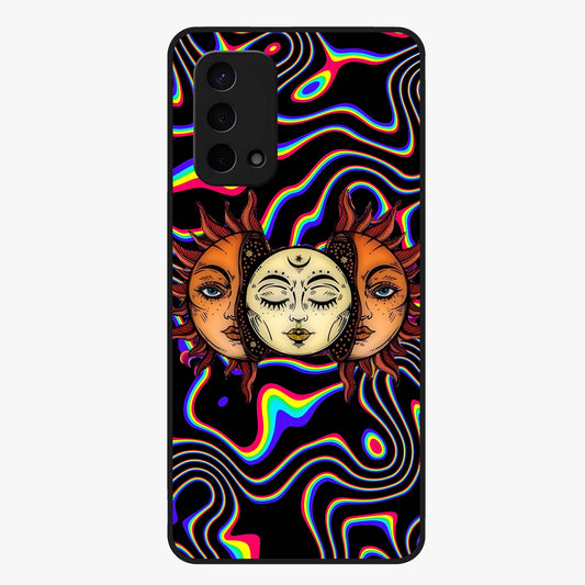 Psychedelic Sun Glass Case showing flat back view with colorful psychedelic sun artwork and glossy glass finish.