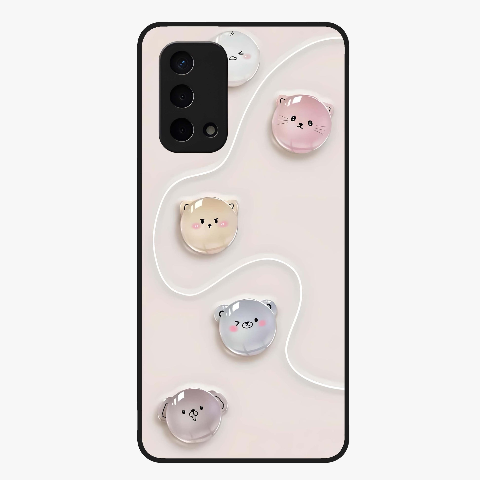 Puffy Face Parade Glass Case showing flat back view with cute puffy character faces artwork and glossy glass finish.