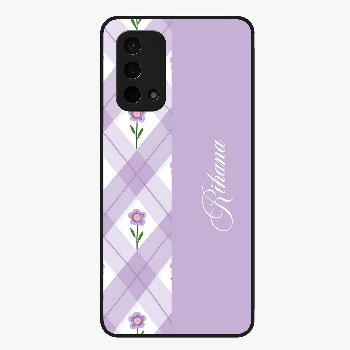 Purple Diamond Floral Glass Case showing flat back view with diamond shaped floral artwork and glossy glass finish.