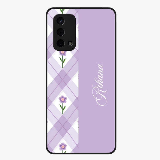 Purple Diamond Floral Glass Case showing flat back view with diamond shaped floral artwork and glossy glass finish.