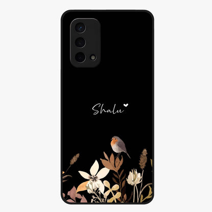 Quiet Garden Tune Custom Name Glass Case showing flat back view with peaceful garden artwork and personalized name design.