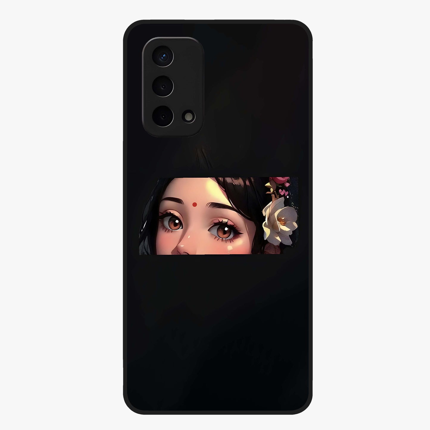 Radha Divine Embrace Glass Case showing flat back view with devotional Radha artwork and glossy glass finish.