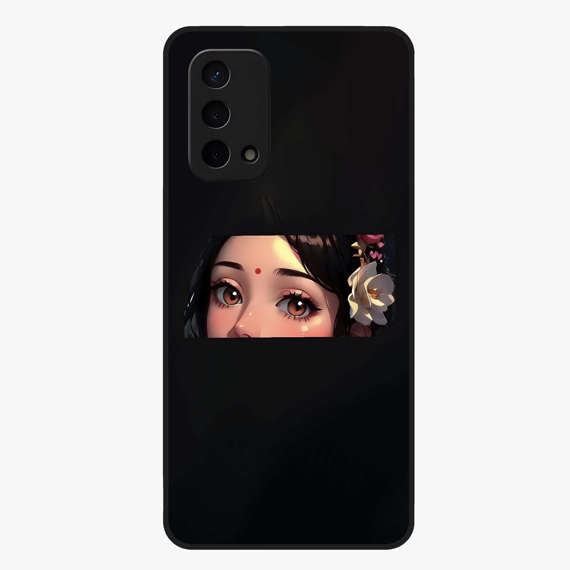 Radha Divine Embrace Glass Case showing flat back view with devotional Radha artwork and glossy glass finish.