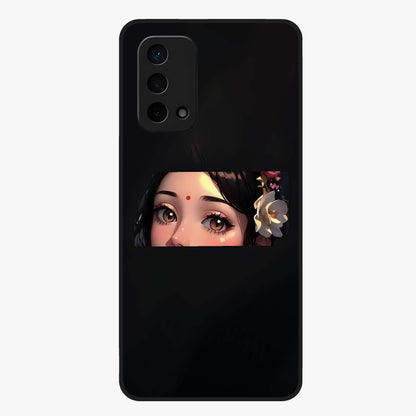 Radha Divine Embrace Glass Case showing flat back view with devotional Radha artwork and glossy glass finish.