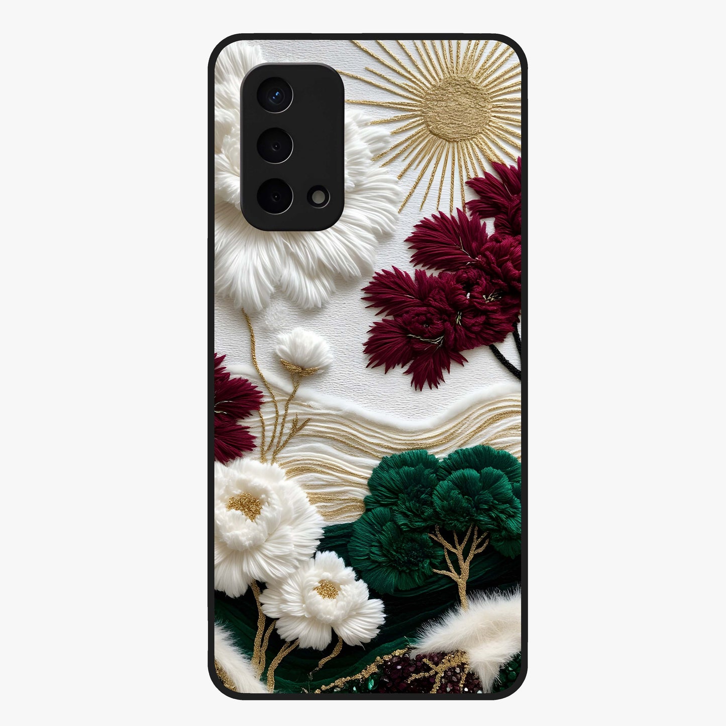 Radiant Bloom Elegance Glass Case showing flat back view with elegant blooming flower artwork and glossy glass finish.