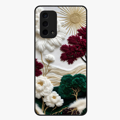 Radiant Bloom Elegance Glass Case showing flat back view with elegant blooming flower artwork and glossy glass finish.