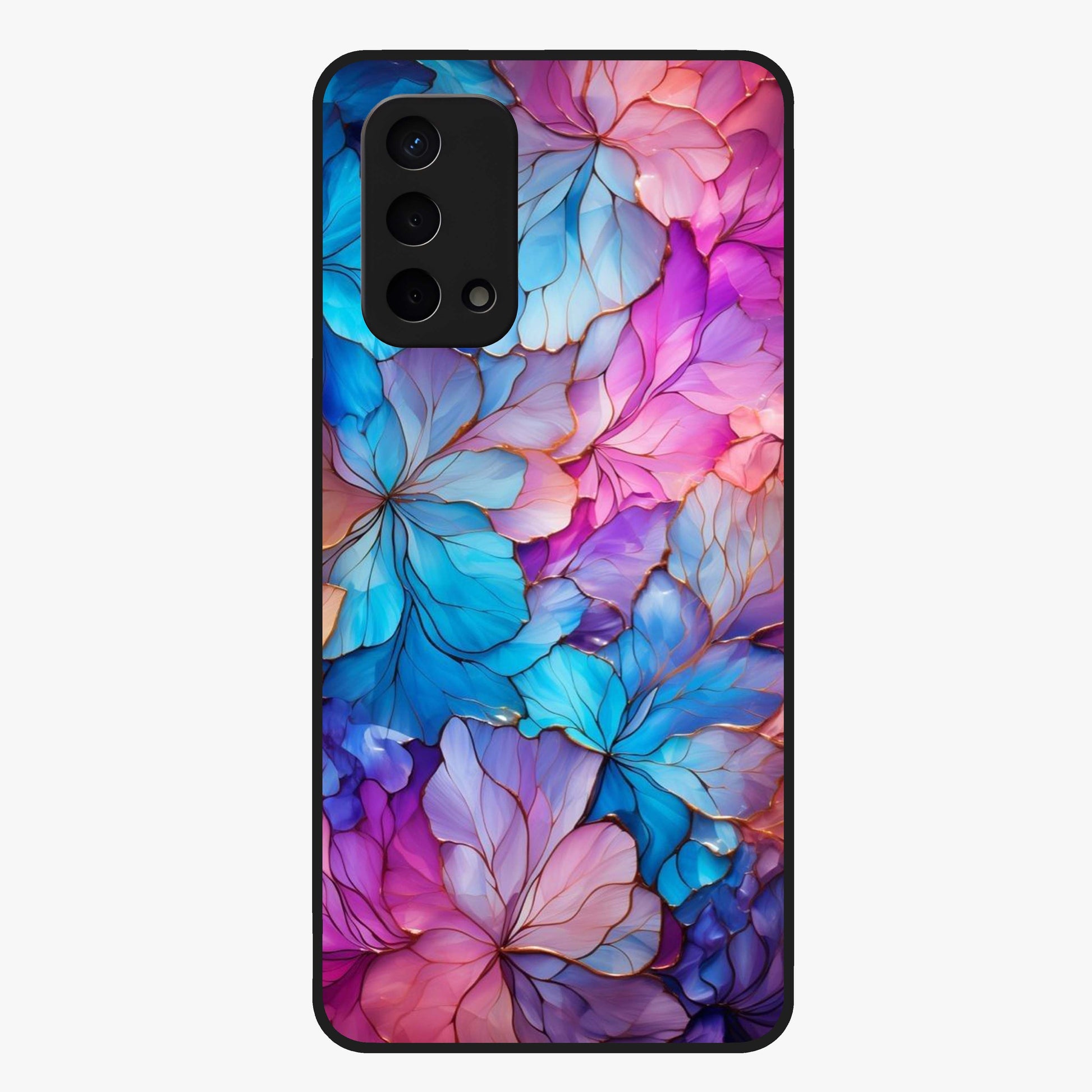 Radiant Floral Whirl Glass Case showing flat back view with swirling floral artwork and glossy glass finish.