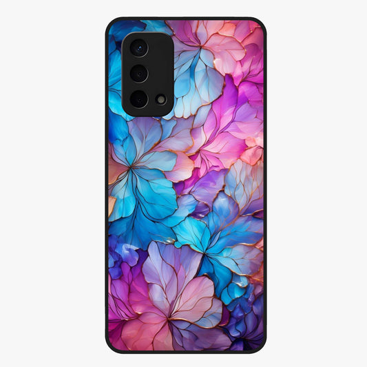 Radiant Floral Whirl Glass Case showing flat back view with swirling floral artwork and glossy glass finish.