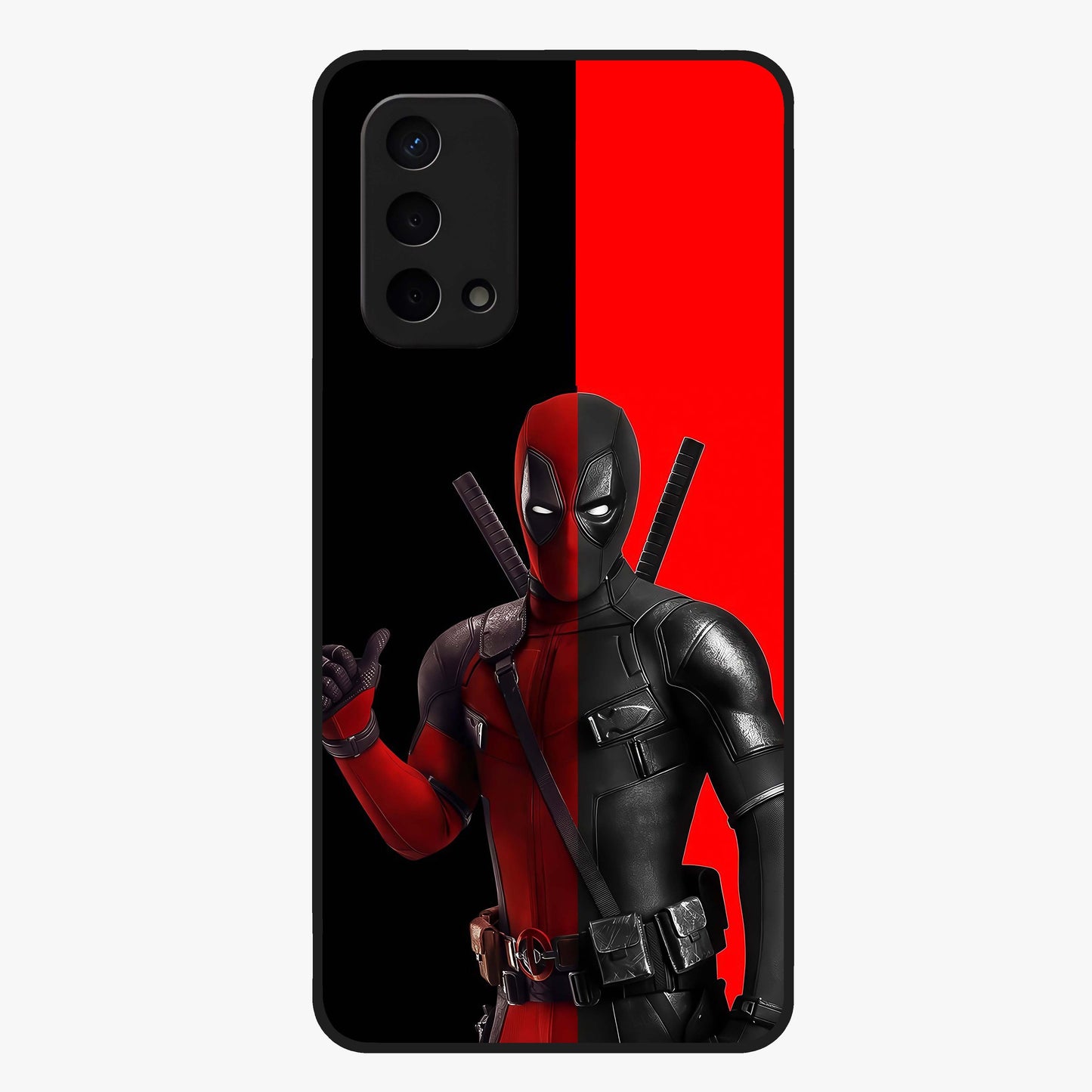 Red & Black Deadpool Theme Glass Case showing flat back view with bold comic inspired artwork and glossy glass finish.