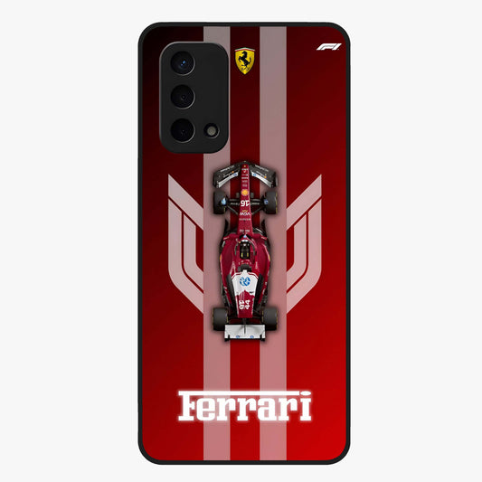 Red Ferrari F1 Vertical Glass Case showing flat back view with sleek Formula racing car artwork and glossy glass finish.