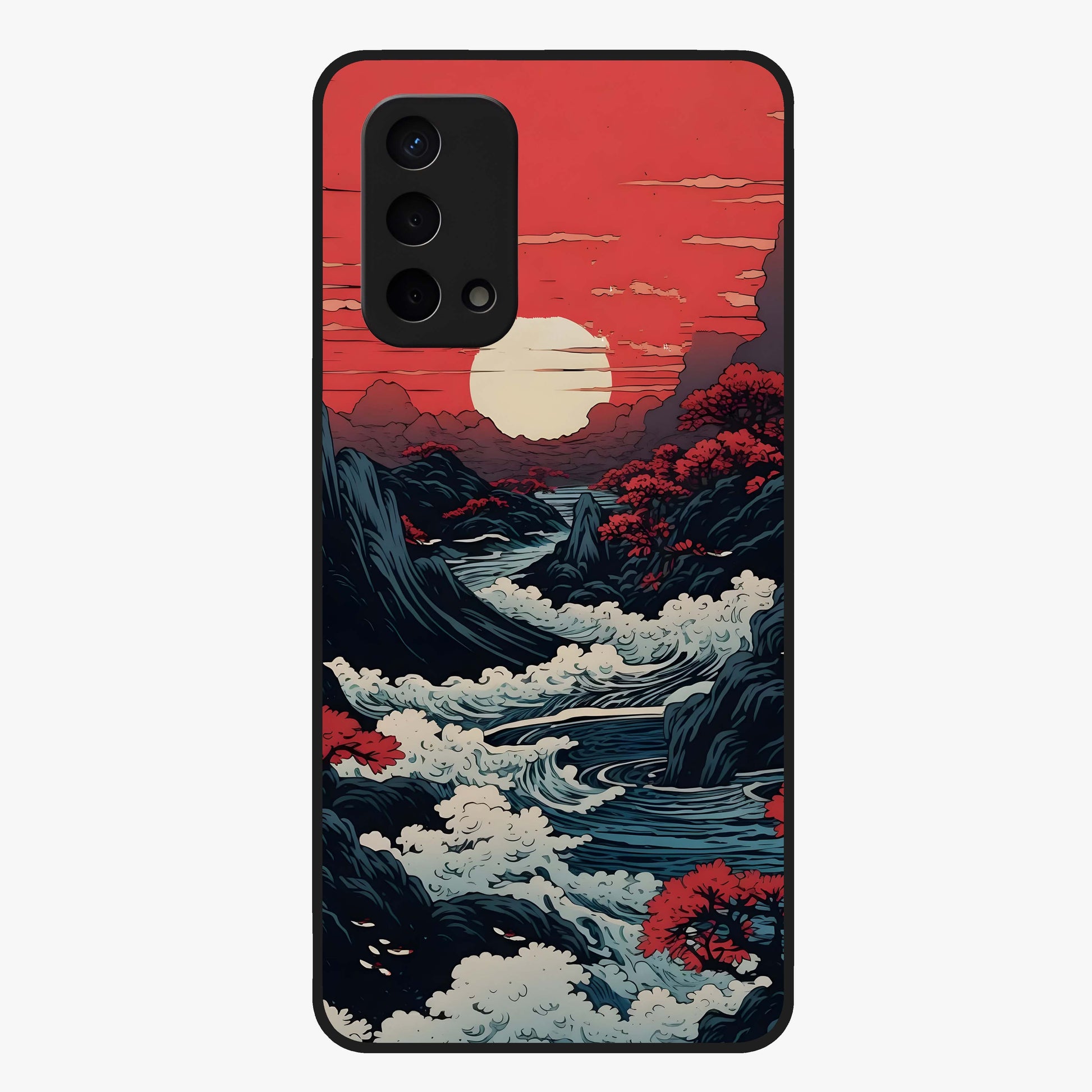 Red Sunset Scenery Glass Case showing flat back view with vibrant sunset landscape artwork and glossy glass finish.