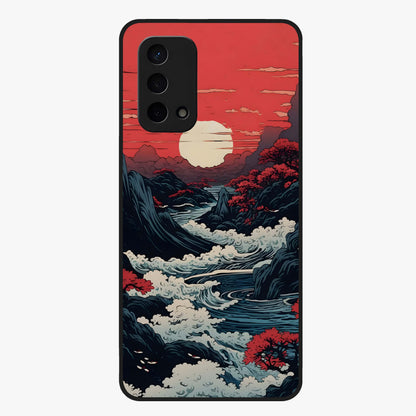 Red Sunset Scenery Glass Case showing flat back view with vibrant sunset landscape artwork and glossy glass finish.