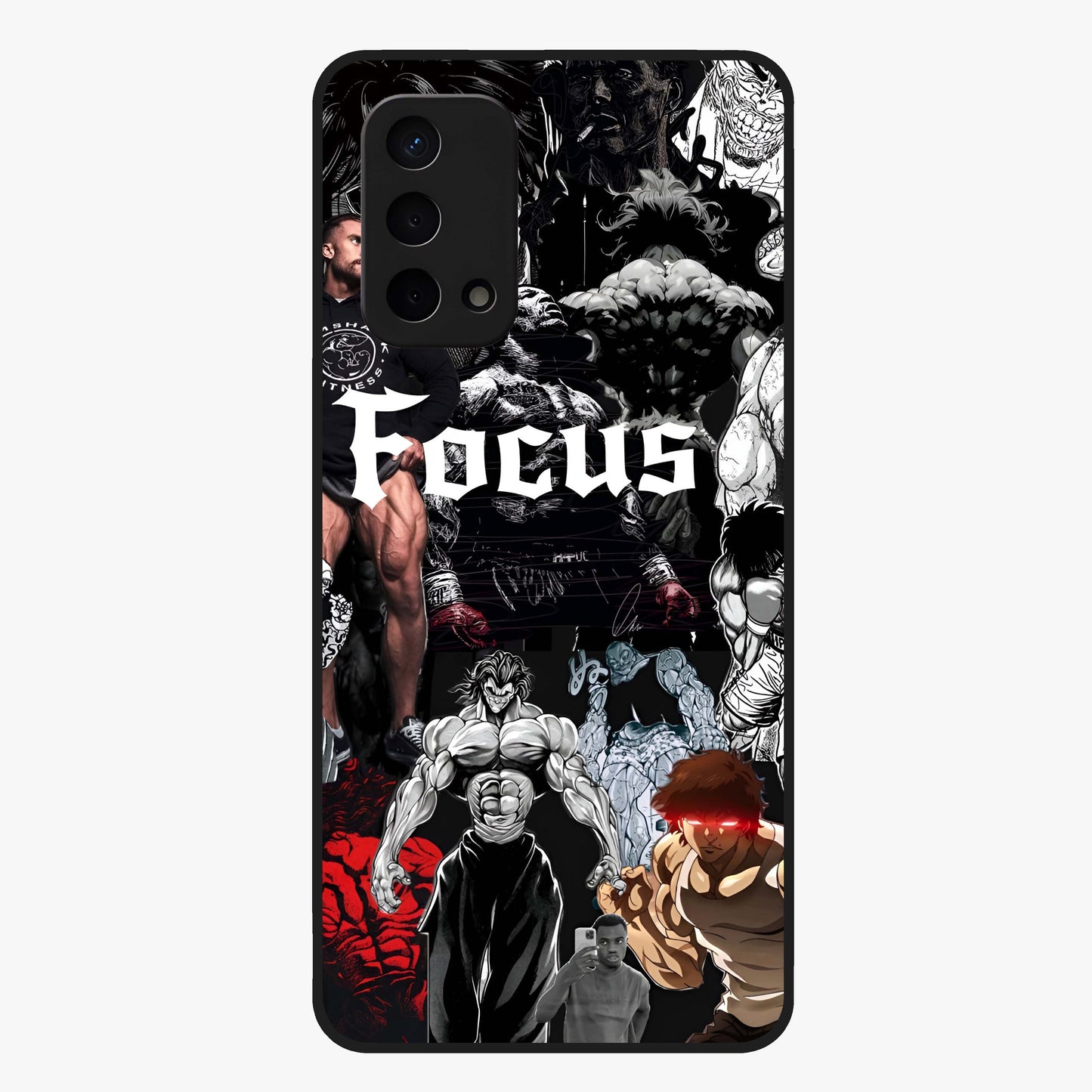 Relentless Power Focus Glass Case showing flat back view with motivational typography artwork and glossy glass finish.