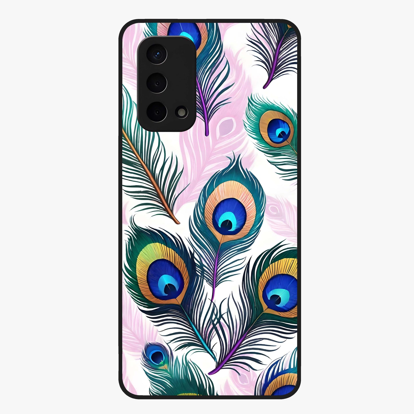 Royal Peacock Feathers Glass Case showing flat back view with colorful peacock feather artwork and glossy glass finish.