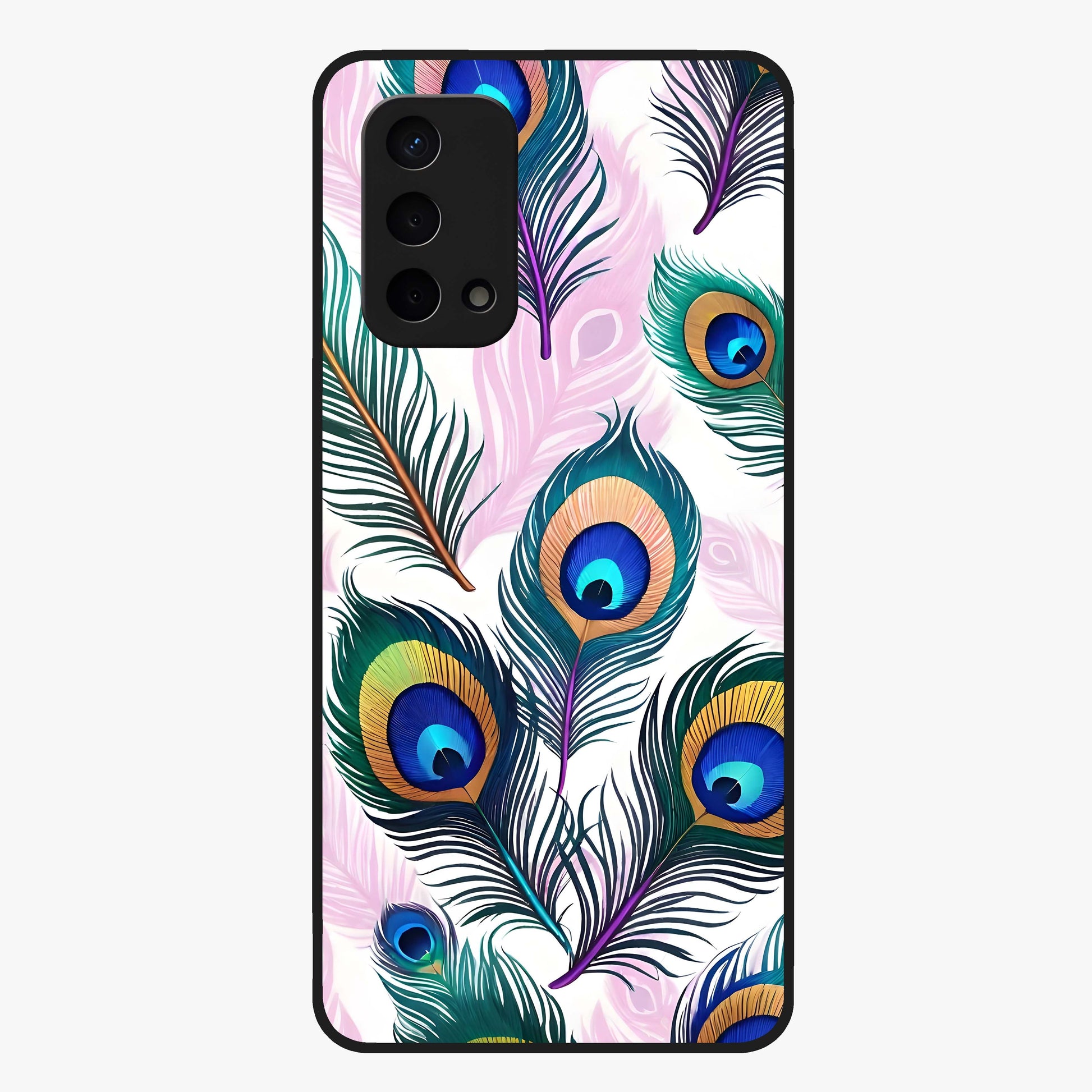 Royal Peacock Feathers Glass Case showing flat back view with colorful peacock feather artwork and glossy glass finish.