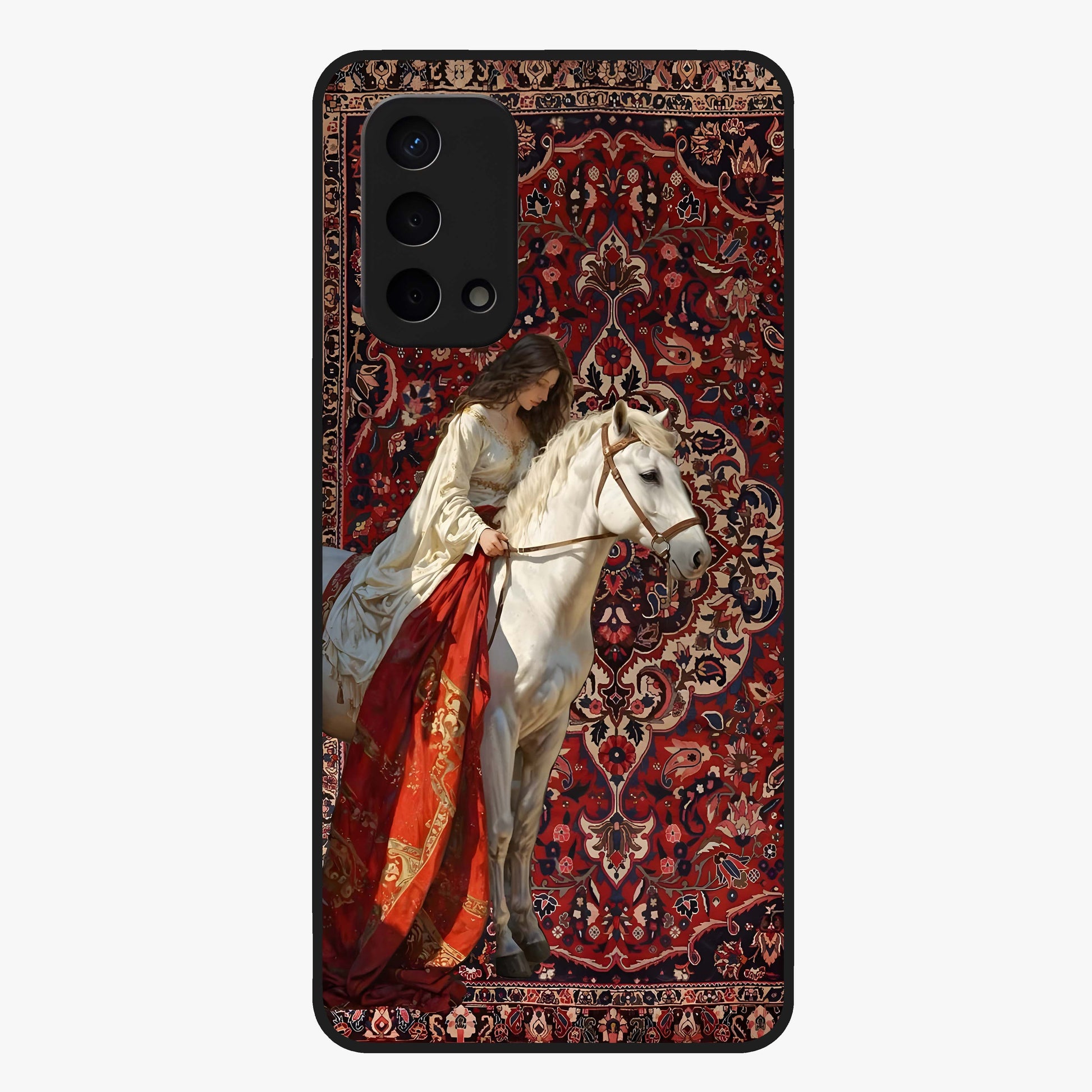 Royal Rider Tapestry Glass Case showing flat back view with majestic horse rider tapestry artwork and glossy glass finish.