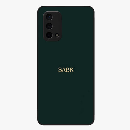 Sabr Minimal Patience Glass Case showing flat back view with minimalist typography artwork and glossy glass finish.
