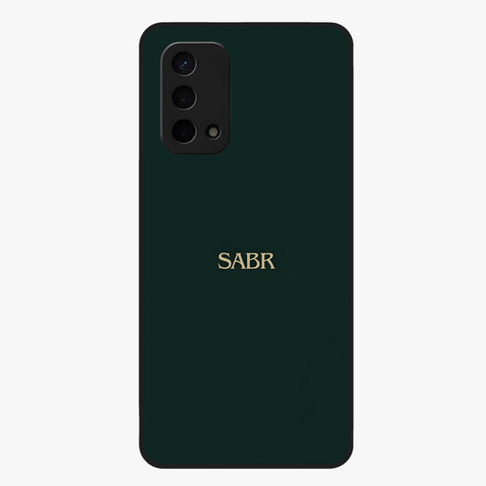 Sabr Minimal Patience Glass Case showing flat back view with minimalist typography artwork and glossy glass finish.