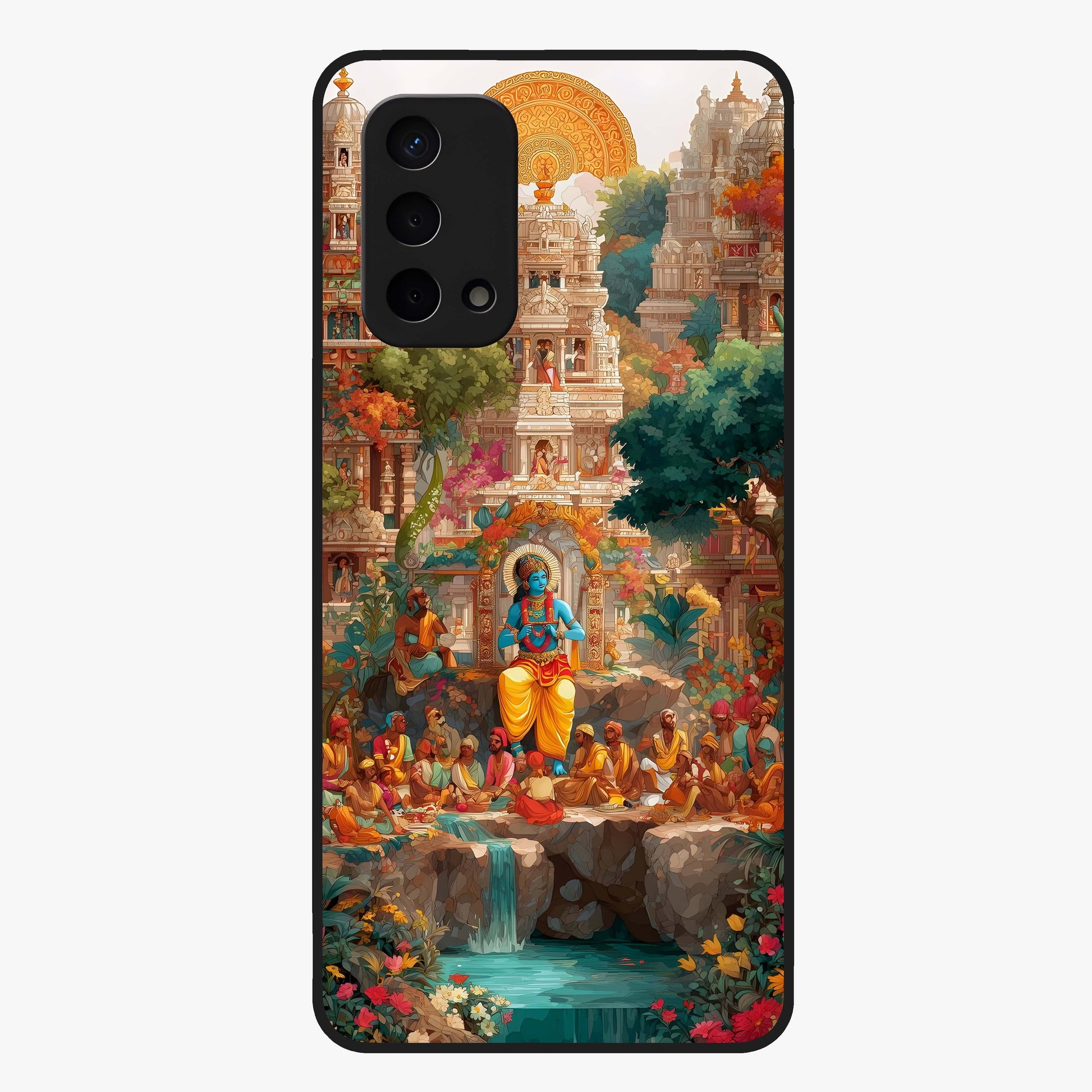 Sacred Sunlight Gods Glass Case showing flat back view with divine sunlight themed artwork and glossy glass finish.