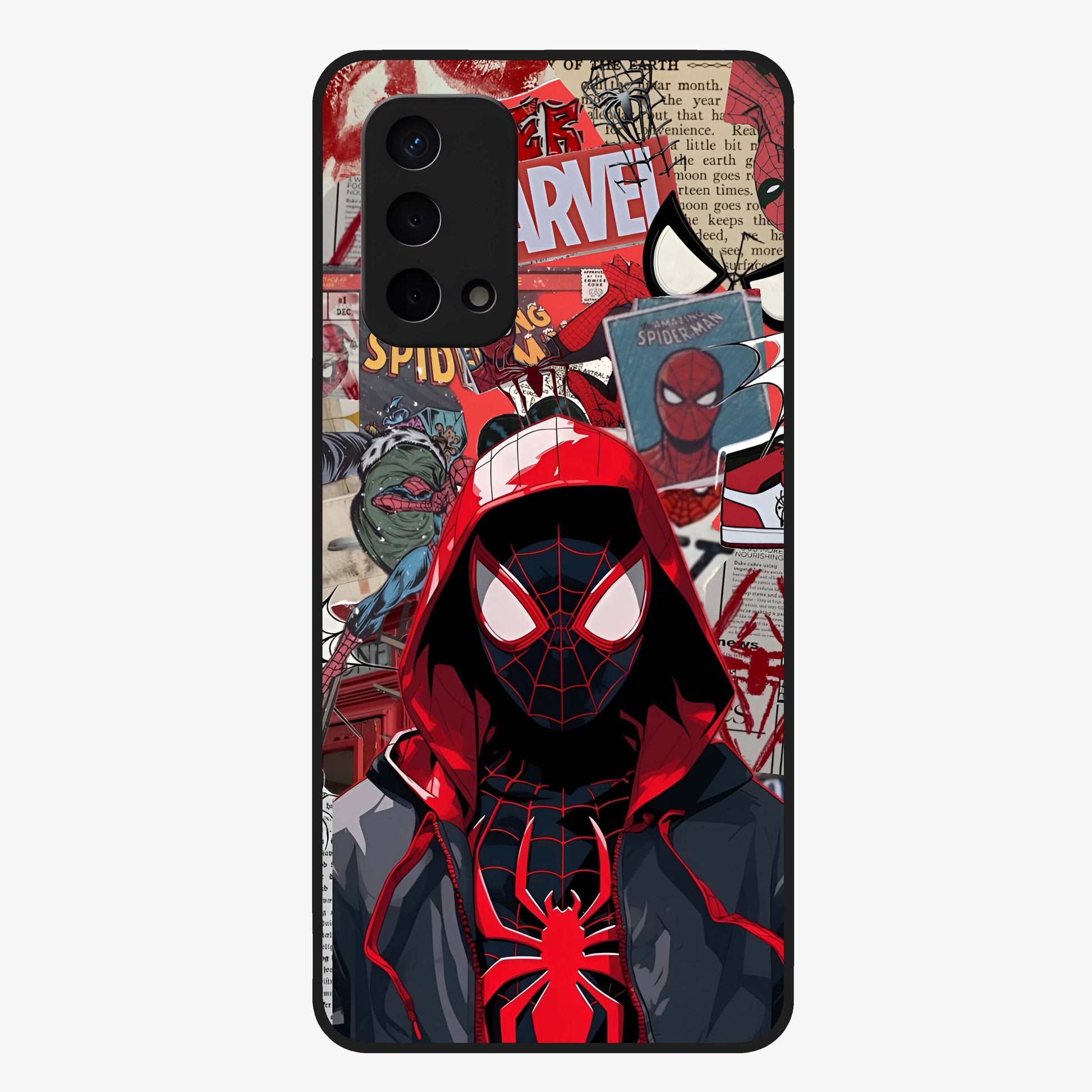 Spider Collage Street Glass Case showing flat back view with vibrant superhero collage artwork and glossy glass finish.