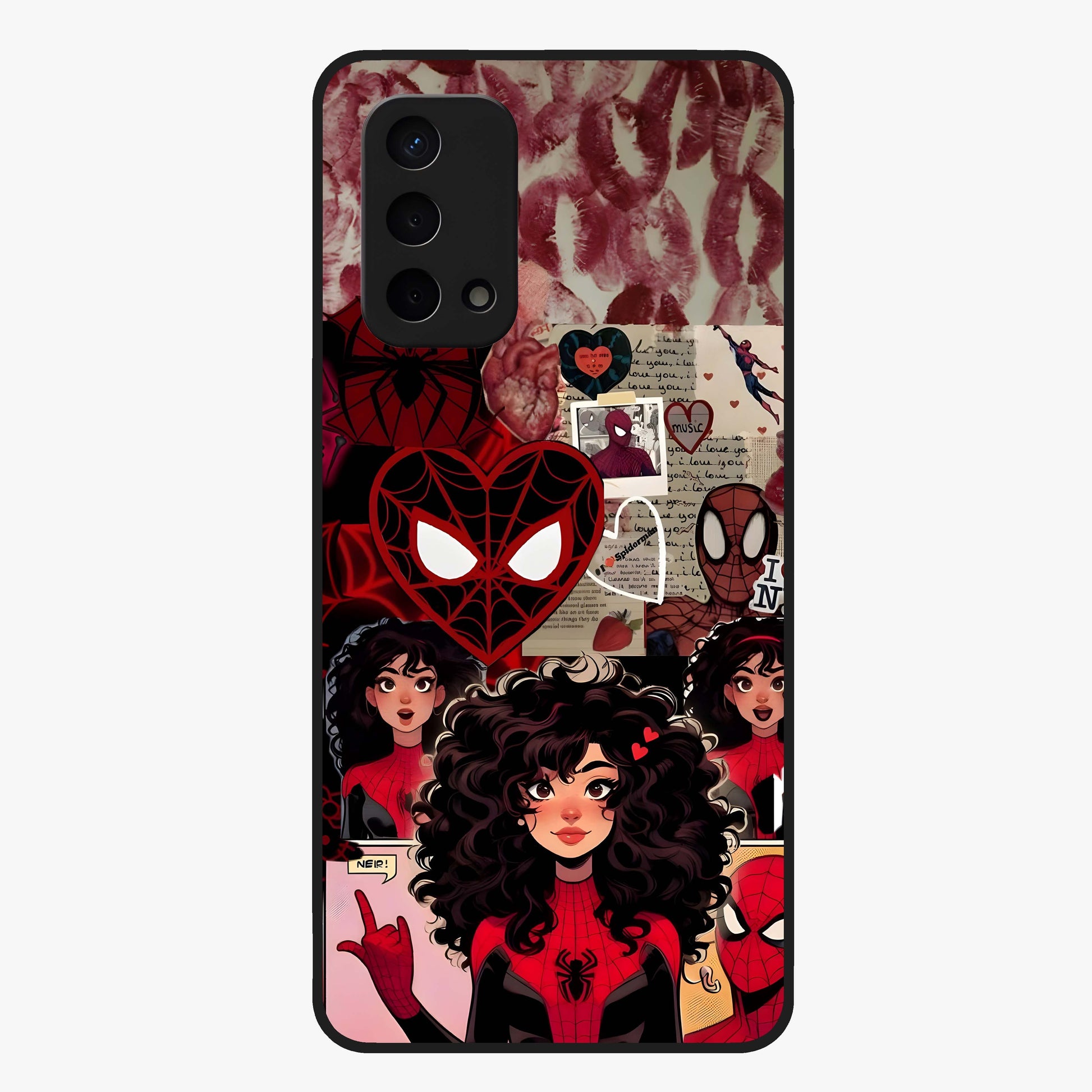 Spider Love Story Glass Case showing flat back view with romantic superhero themed artwork and glossy glass finish.