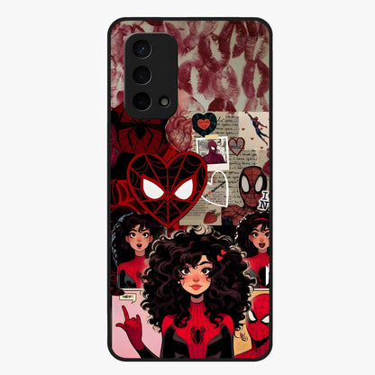 Spider Love Story Glass Case showing flat back view with romantic superhero themed artwork and glossy glass finish.