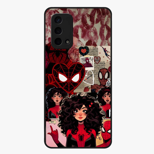 Spider Love Story Glass Case showing flat back view with romantic superhero themed artwork and glossy glass finish.