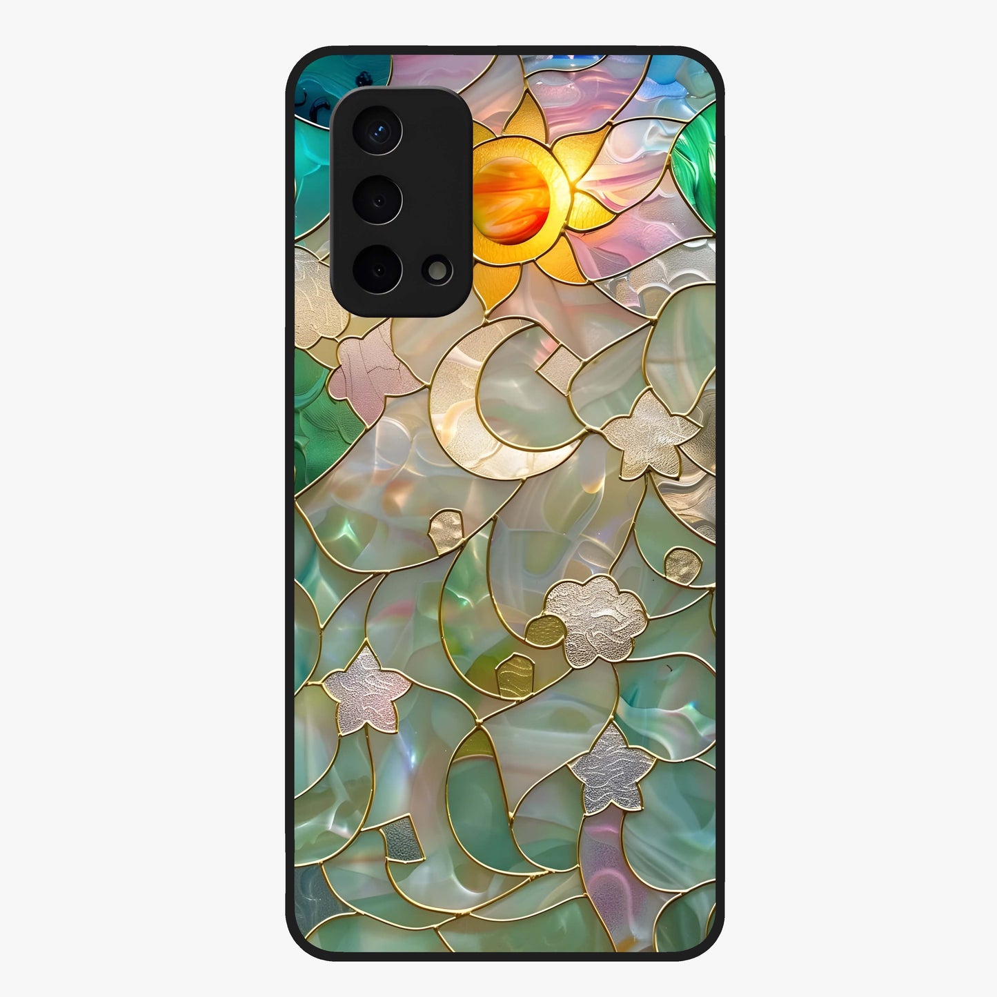Stained Sunrise Glow Glass Case showing flat back view with glowing sunrise stained pattern artwork and glossy glass finish.
