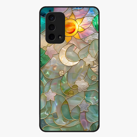 Stained Sunrise Glow Glass Case showing flat back view with glowing sunrise stained pattern artwork and glossy glass finish.