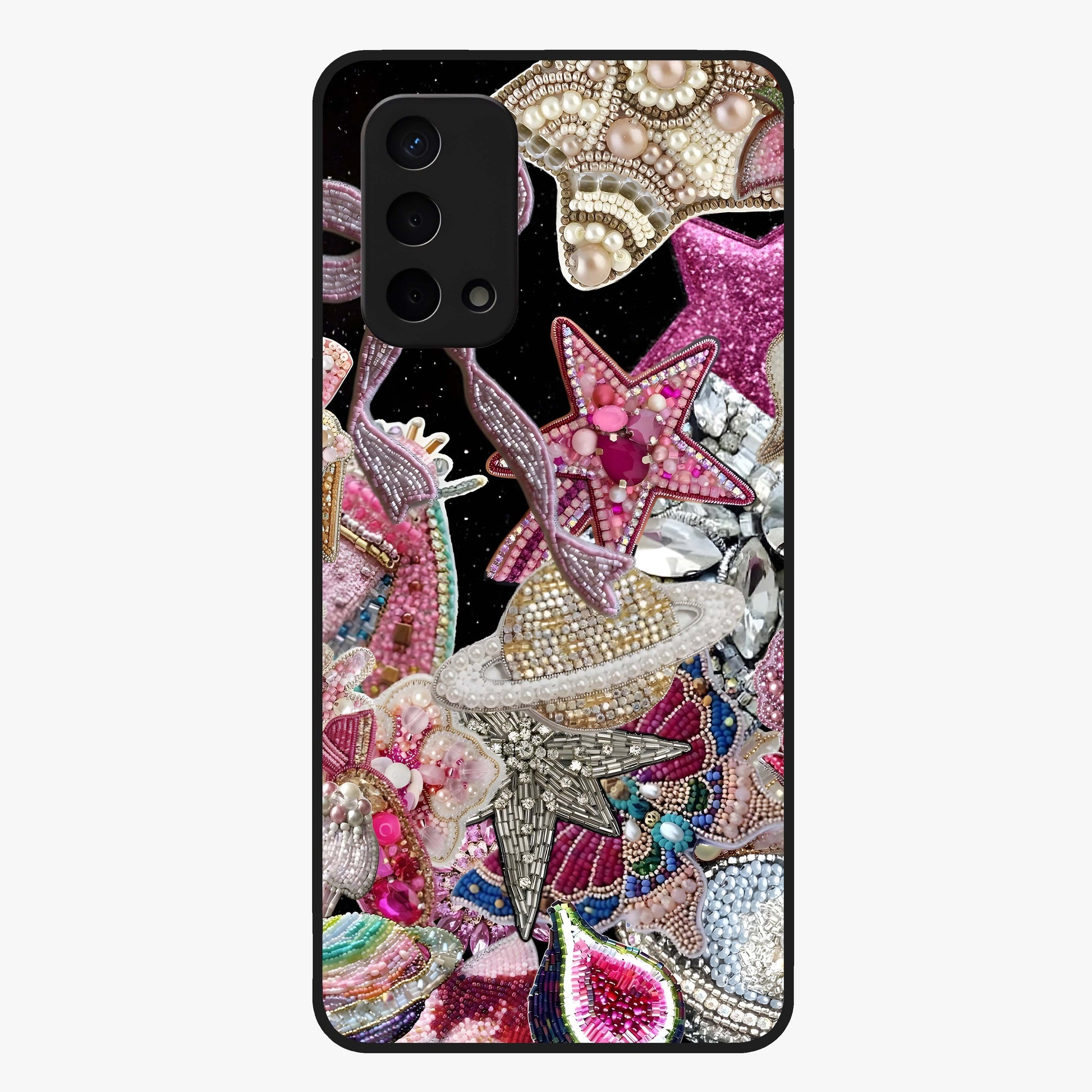 Starlit Jewel Dream Glass Case showing flat back view with sparkling jewel and star themed artwork and glossy glass finish.