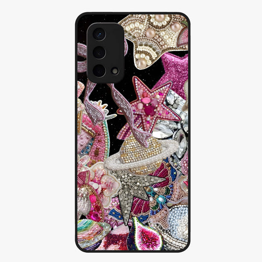 Starlit Jewel Dream Glass Case showing flat back view with sparkling jewel and star themed artwork and glossy glass finish.