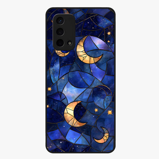 Starlit Sky Tapestry Glass Case showing flat back view with decorative starry sky tapestry artwork and glossy glass finish.