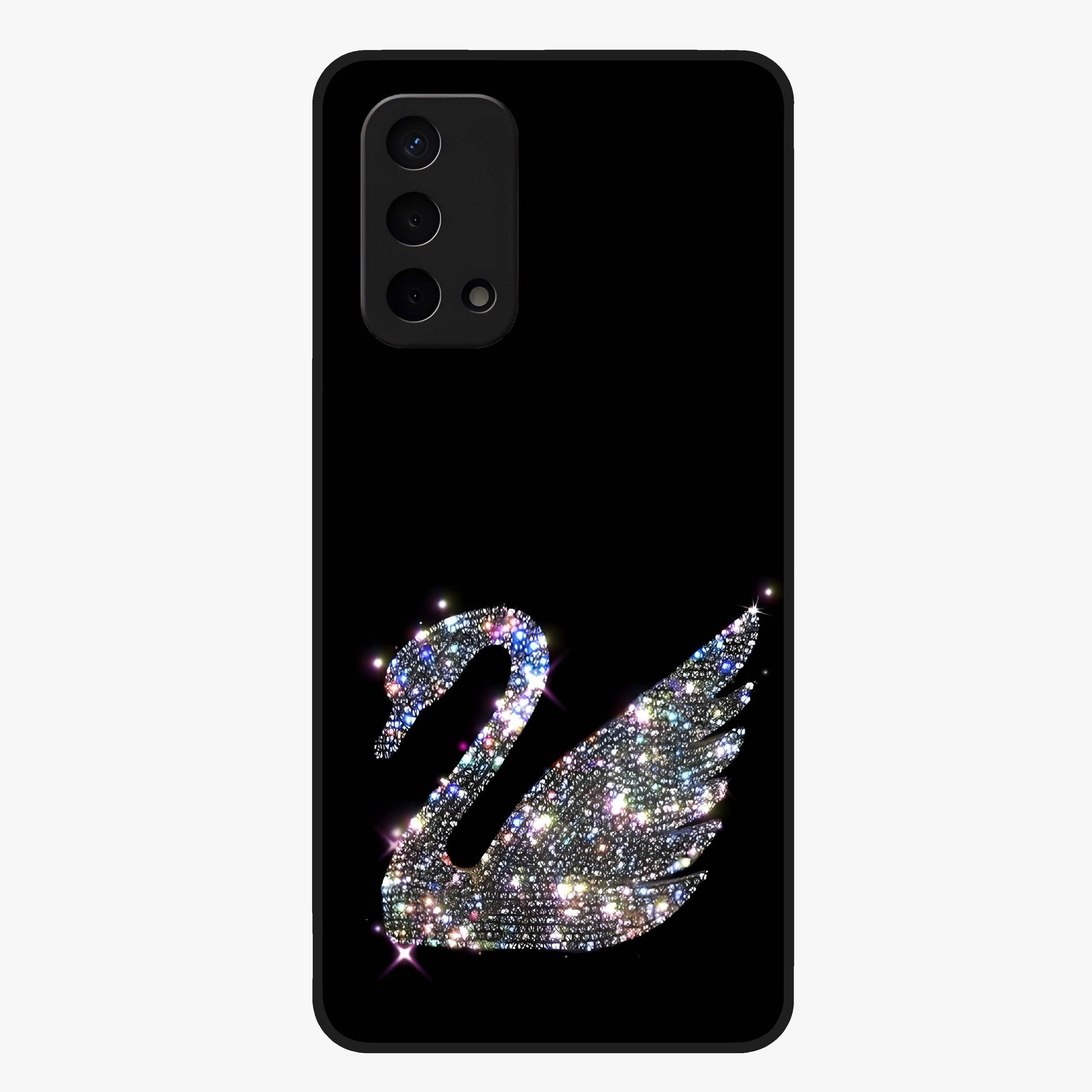 Starlit Swan Grace Glass Case showing flat back view with graceful swan artwork under starry sky and glossy glass finish.