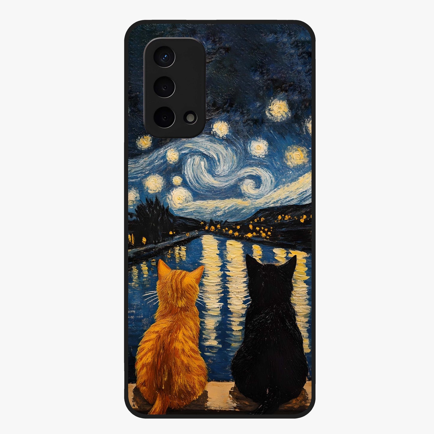 Starry River Cats Glass Case showing flat back view with cats by a starry river artwork and glossy glass finish.