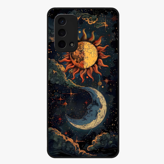 Sun And Moon Magic Design Glass Case showing flat back view with mystical sun and moon artwork and glossy glass finish.
