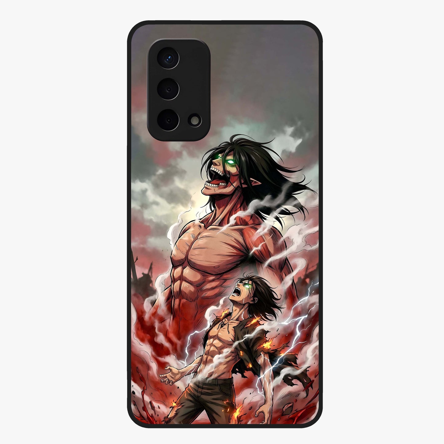 Titan Awakening Fury Glass Case showing flat back view with powerful titan inspired artwork and glossy glass finish.