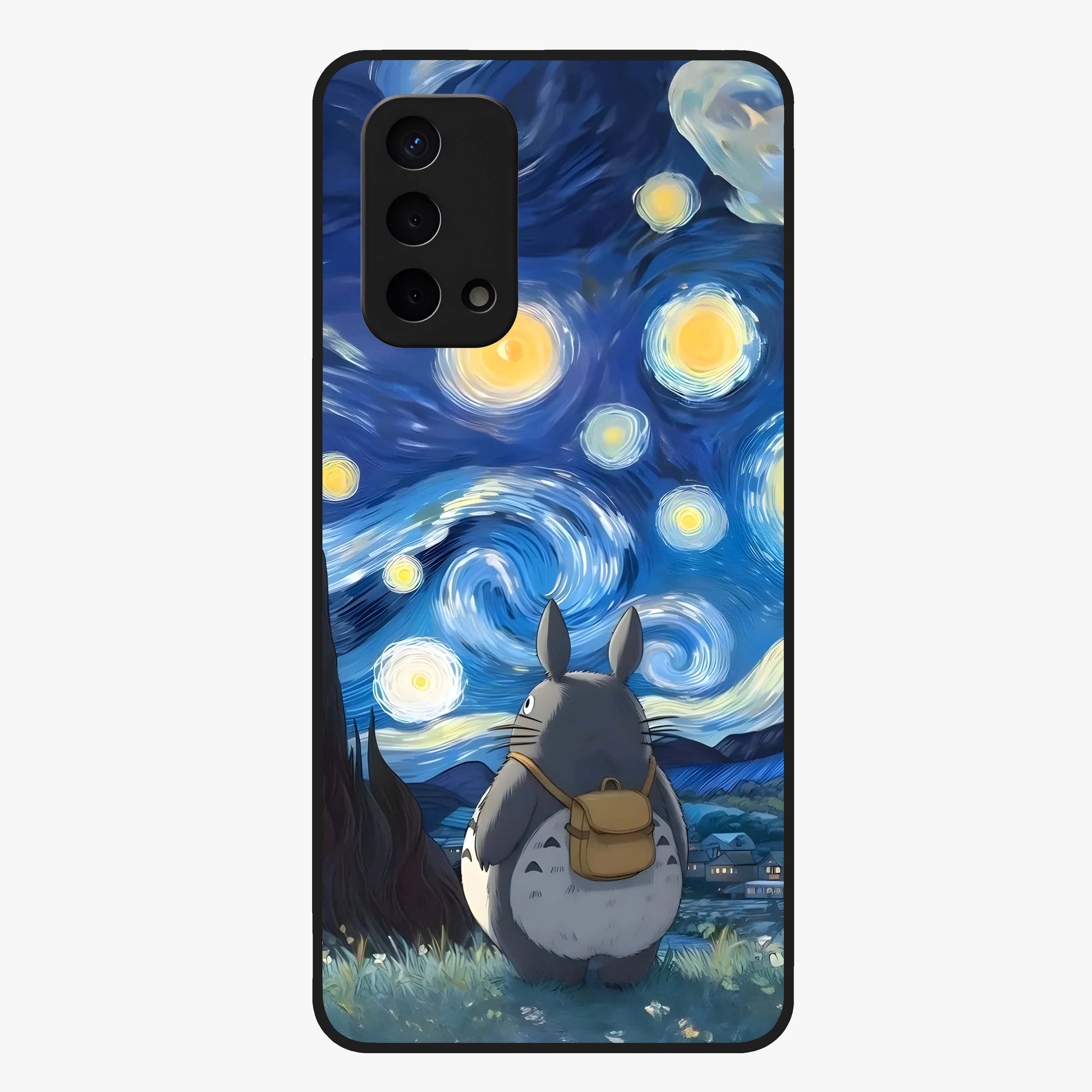 Totoro In Van Gogh Art Glass Case showing flat back view with whimsical character artwork inspired by Van Gogh style and glossy glass finish.