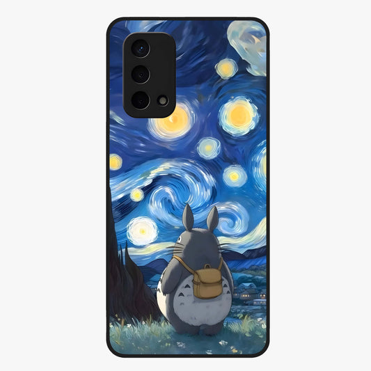 Totoro In Van Gogh Art Glass Case showing flat back view with whimsical character artwork inspired by Van Gogh style and glossy glass finish.