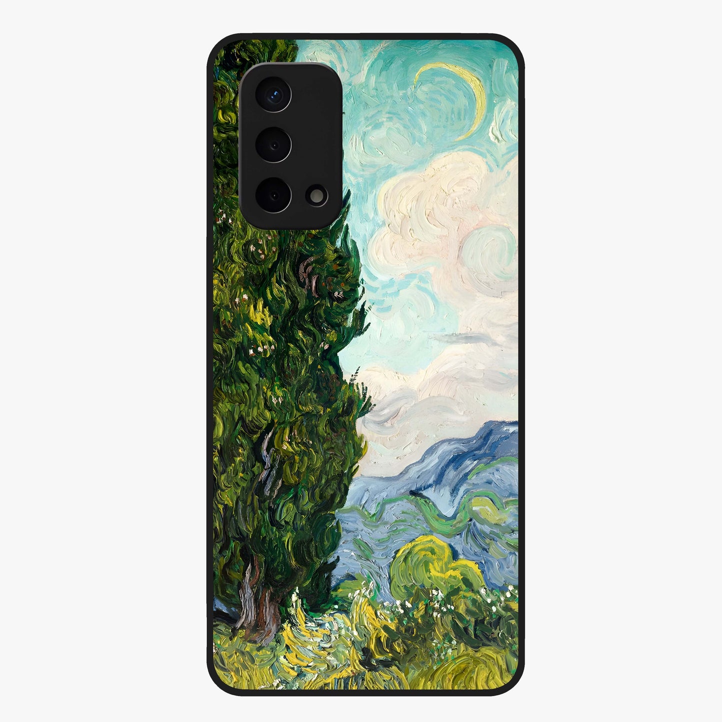 Van Gogh Vintage Art Glass Case showing flat back view with vintage painterly artwork inspired by Van Gogh style and glossy glass finish.