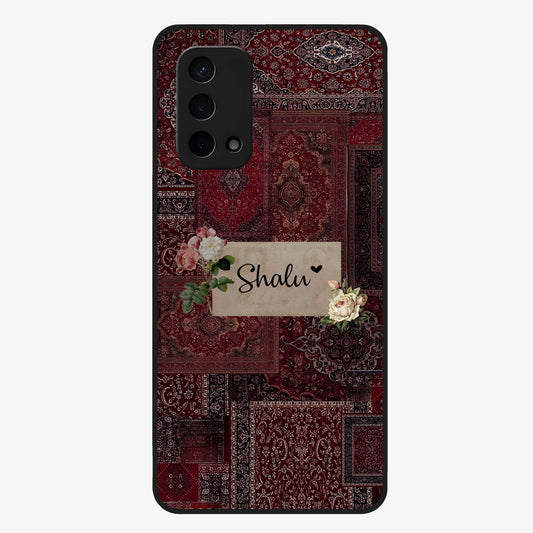 Velvet Wine Pattern Custom Name Glass Case showing flat back view with elegant wine colored pattern artwork and personalized name design.