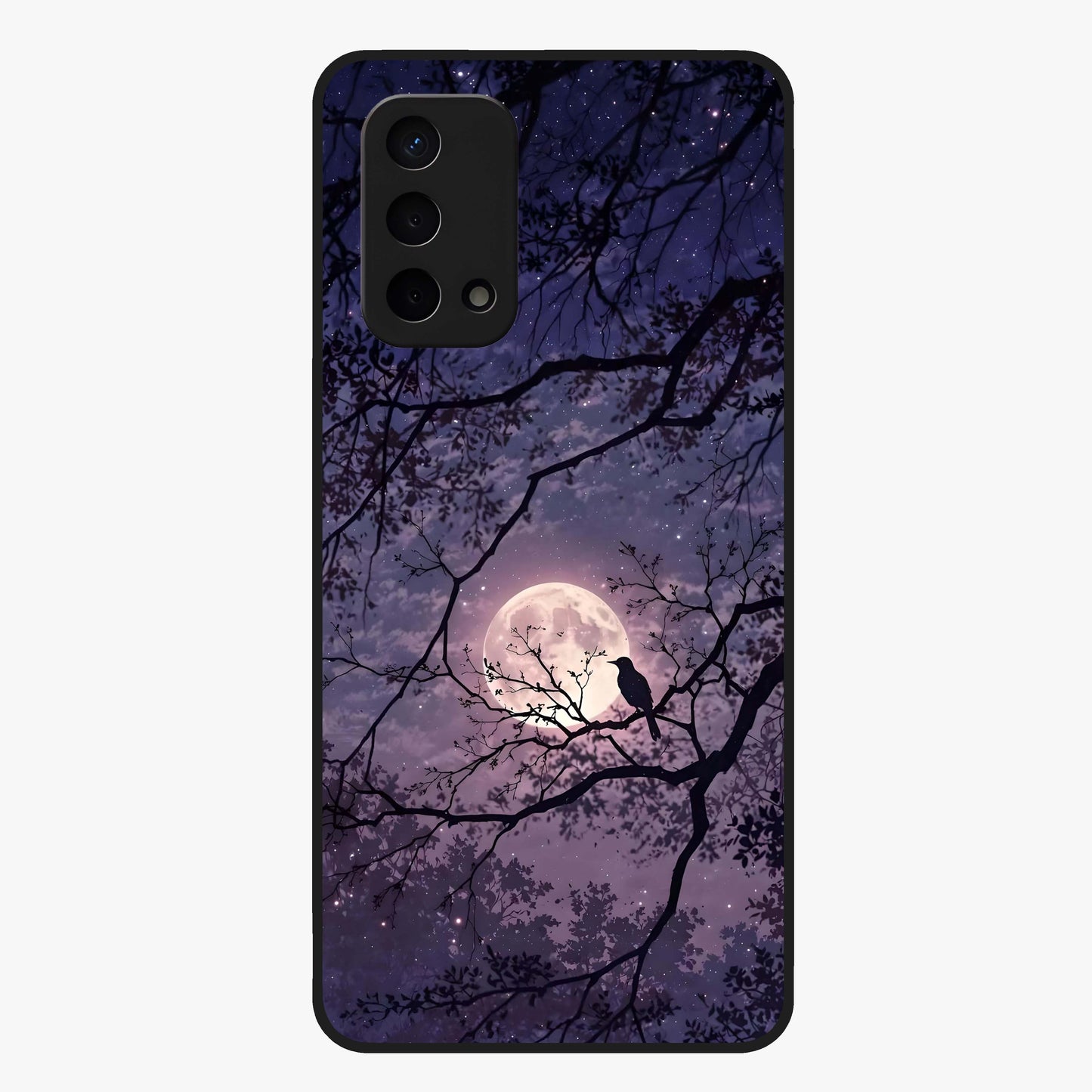 Whispering Moon Silence Glass Case showing flat back view with serene moon themed artwork and glossy glass finish.