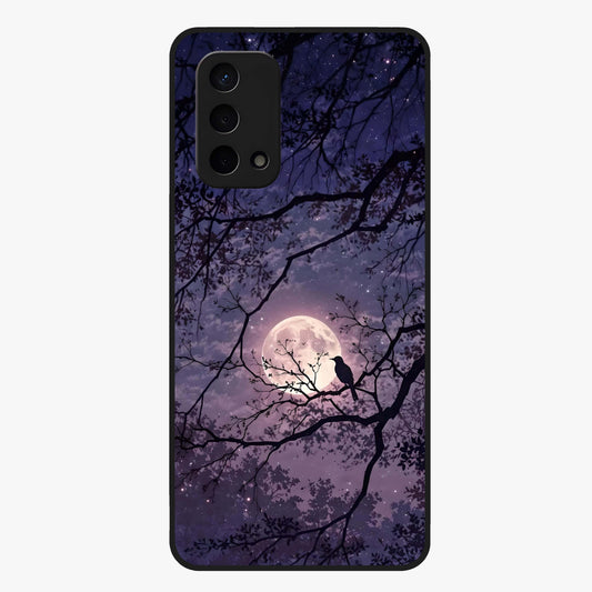 Whispering Moon Silence Glass Case showing flat back view with serene moon themed artwork and glossy glass finish.